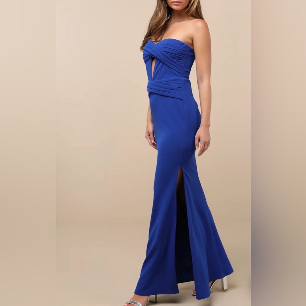 Lulu's Elegant Finesse Royal Blue Cut Out Strapless Maxi Gown Women’s Size M - Picture 11 of 15